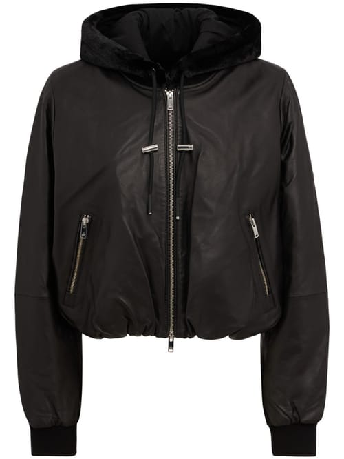Moose Knuckles: Leather bomber jacket with hood
