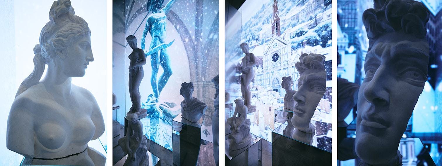 Allestimento Vetrine LuisaViaRoma con le opere Winter Whites in collaborazione con Galleria Romanelli